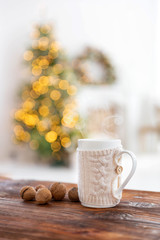 Cup of beverage on the Christmas background