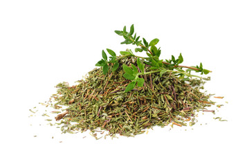 green thyme with dried thyme leaves isolated on white background close up