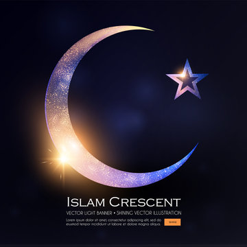 Islamic Crescent Moon. Muslim Religious Sign With Glitter Light Effect.