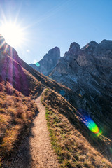 Obraz premium Mountain trails path in the Dolomites, Italy.