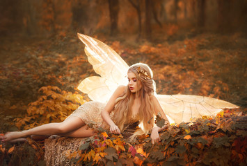 slim girl became a fairy, a model with blond long hair and golden wreath on leaves in the forest in...