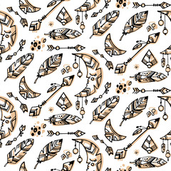 Seamless boho style pattern. Bohemian background with tribal and boho objects and elements. Boho moon, tribal arrow, wild feather. Background with natural colours. Ethnic seamless pattern