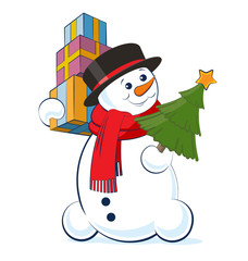 Christmas snowman wearing a top hat and scarf holding in hands a pile of gifts and xmas tree. Vector illustration isolated on white background