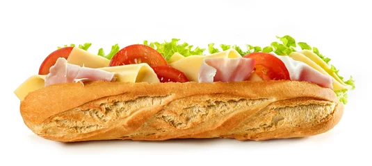 Fototapete Snack Baguette-Sandwich isoliert auf weißem Hintergrund