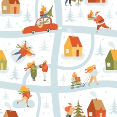 Vector winter seamless pattern with people in winter clothes. Outdoor activities. Bustle on city streets before Christmas holidays. Wrapping paper, wallpaper, textile.