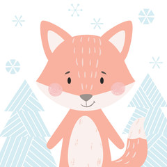 Obraz na płótnie Canvas Fox baby winter print. Cute animal in snowy forest christmas card.