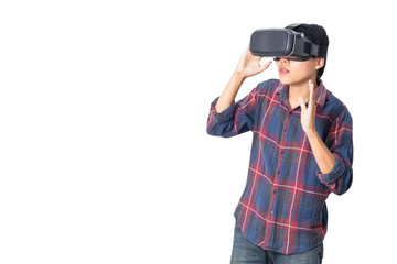 Asian man in plaid shirt wearing vr of digital technology virtual, headset, looking media movie Isolated white background