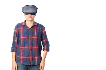 Asian man in plaid shirt wearing vr of digital technology virtual, headset, looking media movie Isolated white background