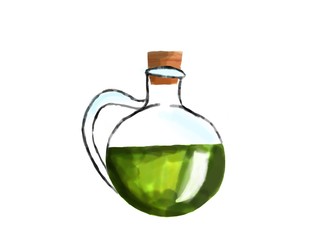 Jug with green olive oil or magic elixir, watercolor