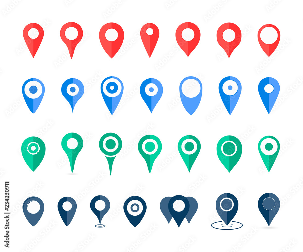 Poster set colorful pin icons, location markers. map pointer