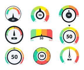 Speedometer icons. Business credit score vector speedometers. Different speed indicators