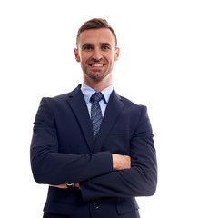 business, people and office concept - happy smiling businessman in suit