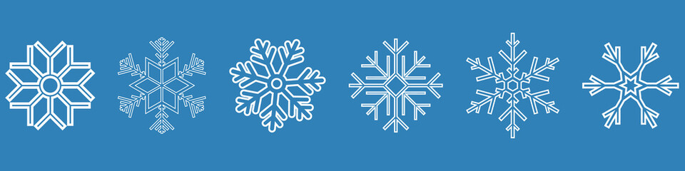 Set of vector snowflakes. Winter blue christmas snow flat crystal element. Weather illustration ice collection