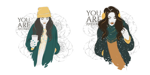 Beautiful hipster young women in a fashion jacket in hat with coffee. Vector hand drawn illustration.