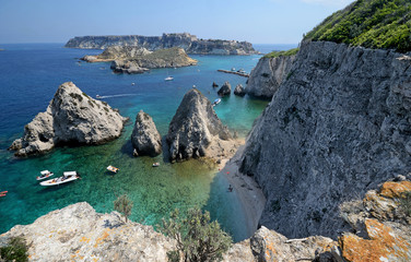Puglia, Italy, August 2018, seaside of Tremiti archipelago with Pagliai cliffs in San Domino island, Cretaccio and San Nicola island in background
