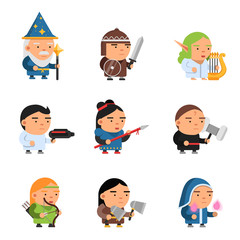 Fantasy characters. 2d game sprite male and female heroes computer soldiers rpg shooter mascots soldiers knights wizards vector. Illustration of soldier and knight, character 2d warrior