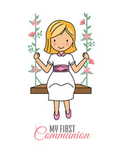 my first communion girl. Little girl dressed in communion on top of a swing