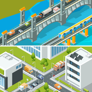 Highway intersection traffic. Urban landscape isometric with various vehicle cars buses busy city vector 3d illustration. Urban highway traffic, isometric street road intersection