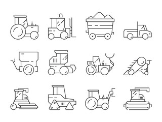 Farm transport. Agricultural heavy machines bulldozer harvester tractor vector linear symbols isolated. Agricultural bulldozer, machine transport tractor for assembly illustration