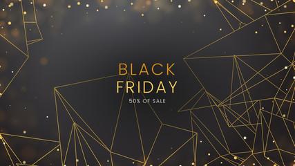 Black friday, sale abstract dark background with glowing lights and polygonal contours, can be used for banner, advertising billboard and web header. Vector illustration