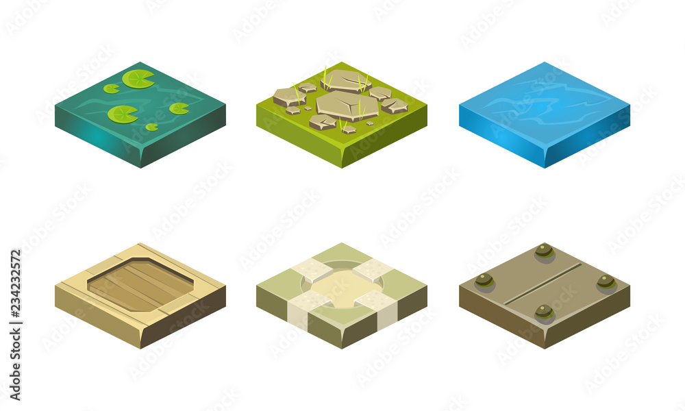 Poster platforms of different ground textures set, user interface assets for mobile app or video game vecto