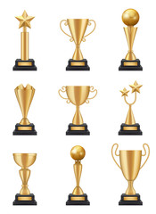 Golden cup realistic. 3d sport competition winning trophies medals vector illustrations isolated. Cup and prize, sport award and reward