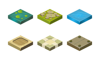 Platforms of different ground textures set, user interface assets for mobile app or video game vector Illustration on a white background