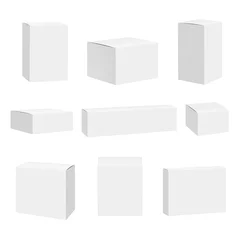 Fotobehang Blank white box. Packages container quadrate boxes detailed realistic vector mockup. Package mockup, box and container illustration © ONYXprj