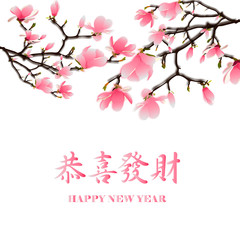 Chinese New Year card with plum blossom in traditional wave pattern