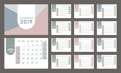 Calendar 2019 pastel Minimalist Style. Set of 12 pages desk. minimal calendar planing vector design for printing template
