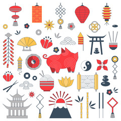 Chinese New Year set with pig zodiac 2019 symbol, asian lanterns, coins, fireworks, firecrackers, yin yang sign, flowers and traditional ornaments. Collection of elements for China Spring Festival.