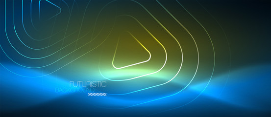 Neon glowing techno lines, hi-tech futuristic abstract background template with geometric shapes