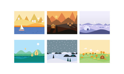 Obraz premium Natural landscape set, cute beautiful scenes of nature vector Illustration
