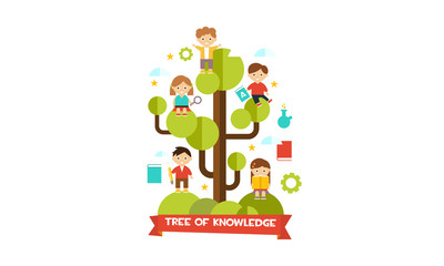Tree of knowledge, cute little kids sitting on a tree branches vector Illustration