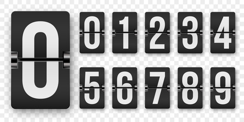 Countdown numbers flip counter vector isolated set. Retro style flip clock or scoreboard mechanical numbers 1 to 0 set white on black