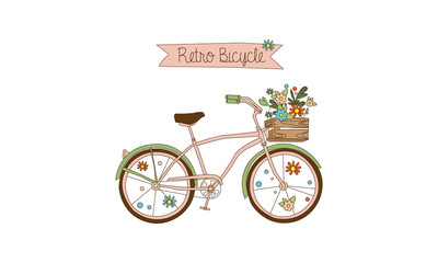 Retro bicycle with a basket of flowers had drawn vector Illustration