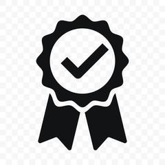 Quality icon, certified check mark ribbon label. Vector premium product certified or best choice recommended award and warranty approved certificate stamp