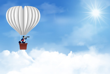 One businessman is in a white balloon. holding a binocular Floating in the sky between cloud. to be one of the highest achievers. new idea. different business success concept. leadership. startup