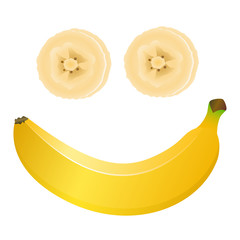 Yellow banana and two sliced banana slices on white background.