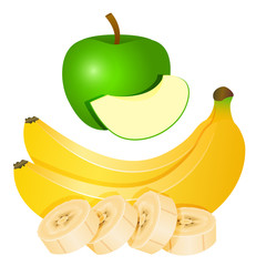 Two yellow bananas and chopped banana slices and a green Apple with a piece of Apple.