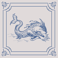 Mythological vintage sea monster on the Blue Dutch tile. Imitation. Glazed porcelain ceramic.