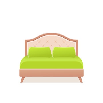 Bed. Vector. Double wooden bed in flat design for bedroom, hotel room. Cartoon furniture icon isolated on white background. Animated house equipment. Colorful Illustration.