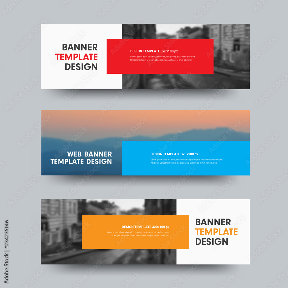 Poster Vector horizontal web banners design with place for photo and colored rectangles for text.