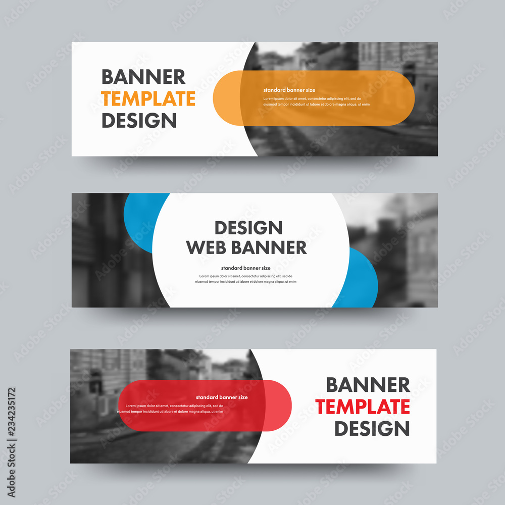 Poster Template of horizontal web banners with round and semicircular elements and place for photo.