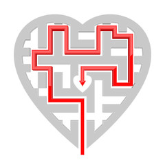 Heart shape maze with red path to center