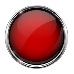 Red glass button. Round 3d shiny icon with metal frame