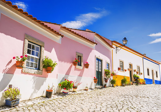 Beautiful colorful street in Obidos, Portugal