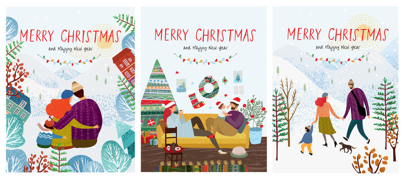 cute new year and christmas vector illustrations of a loving happy family on a winter vacation, mom, dad and child are walking in nature, play with the baby at home and  hugging in forest