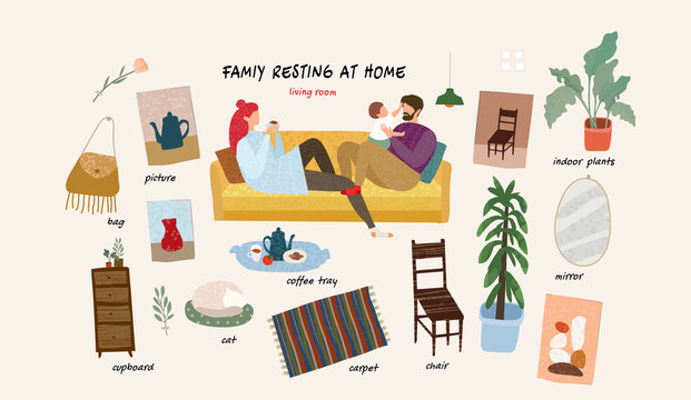 Set Of Isolated  Flat Vector Illustrations Of A Happy Family With A Child At Home And Interior Objects And Furniture In The Living Room In An Apartment