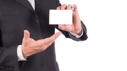 Man with business card on white background